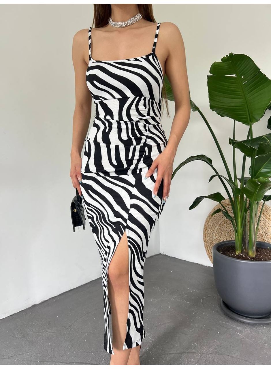 Kadın Zebra Baskılı Omuz Askılı Sırt Dekolteli Yırtmaç Detay Elbise