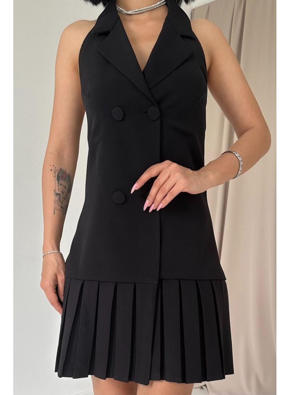 Siyah Sırtı Açık Ceket Yakalı Elbise