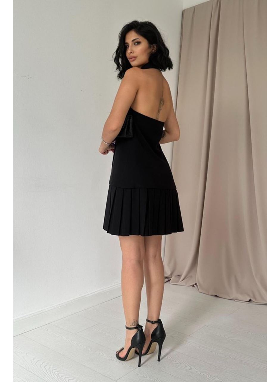 Siyah Sırtı Açık Ceket Yakalı Elbise