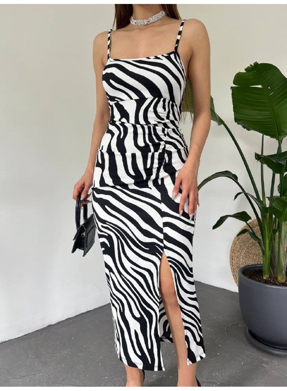 Kadın Zebra Baskılı Omuz Askılı Sırt Dekolteli Yırtmaç Detay Elbise