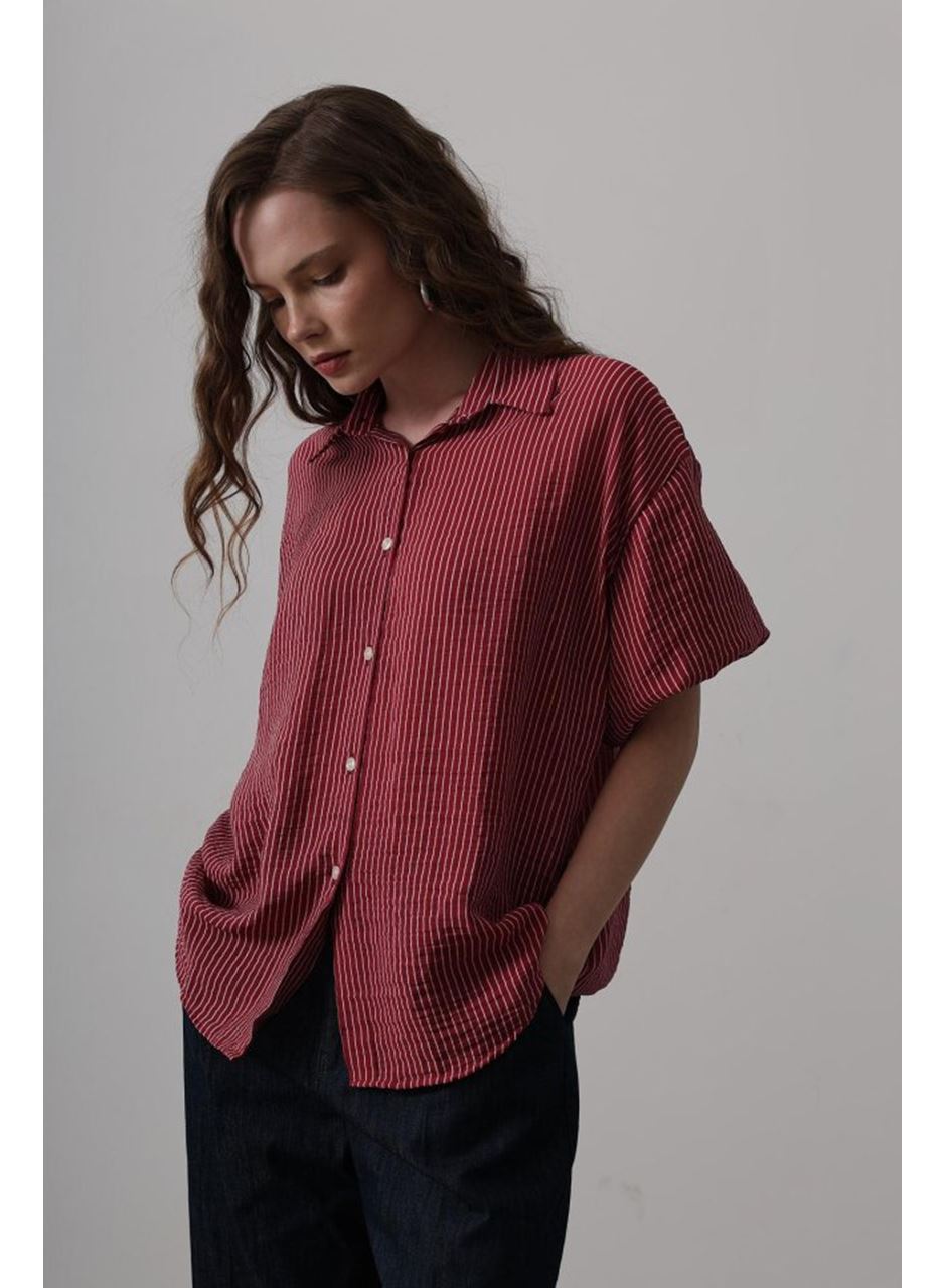 Yarım Balon Kol Çizgili Gömlek - Bordo