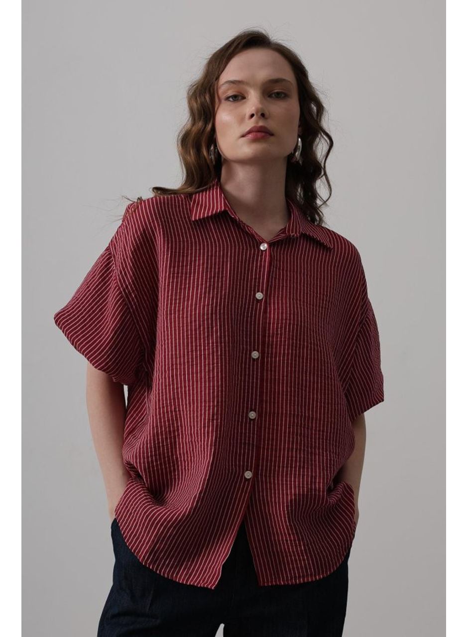 Yarım Balon Kol Çizgili Gömlek - Bordo