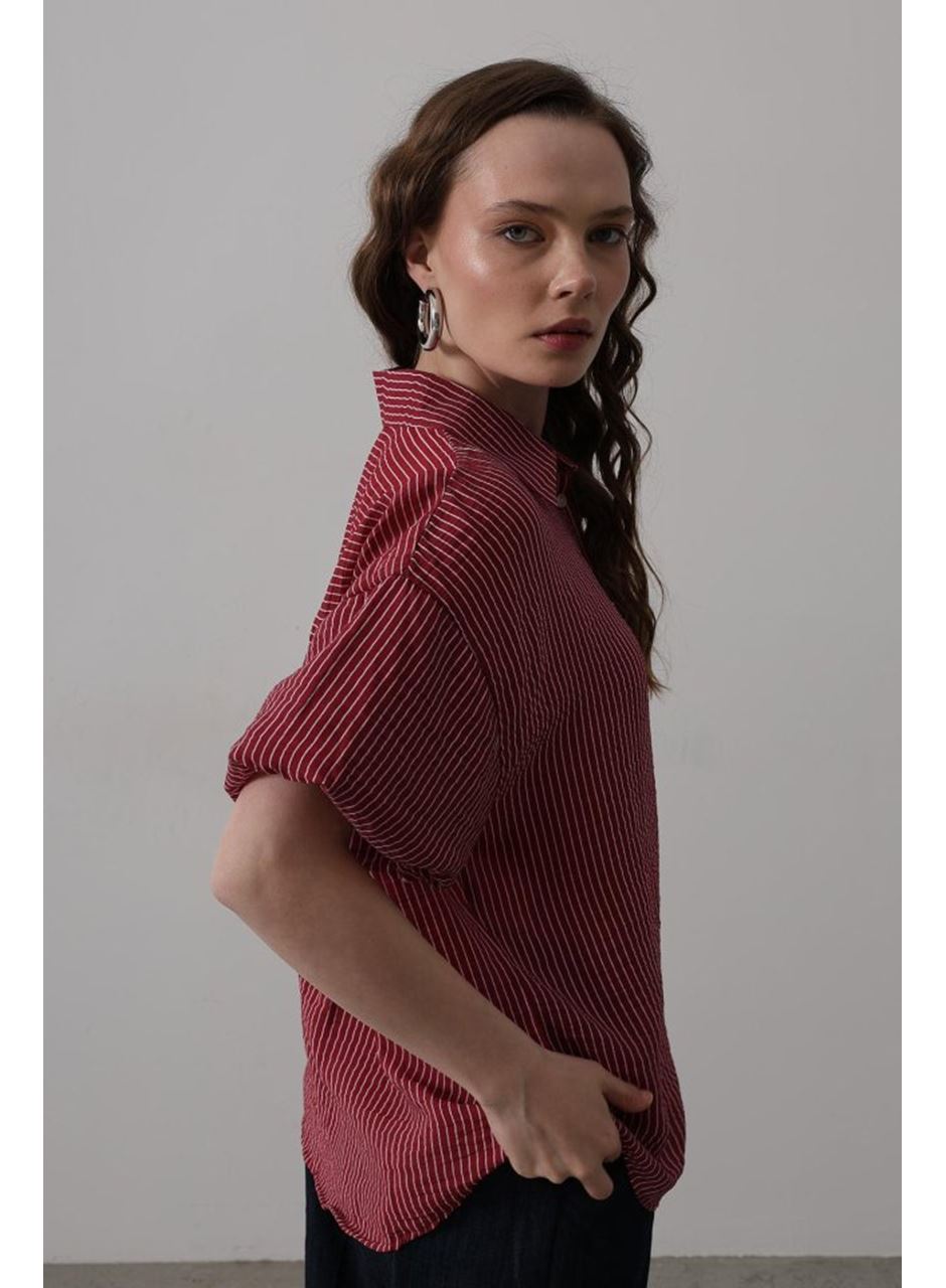 Yarım Balon Kol Çizgili Gömlek - Bordo