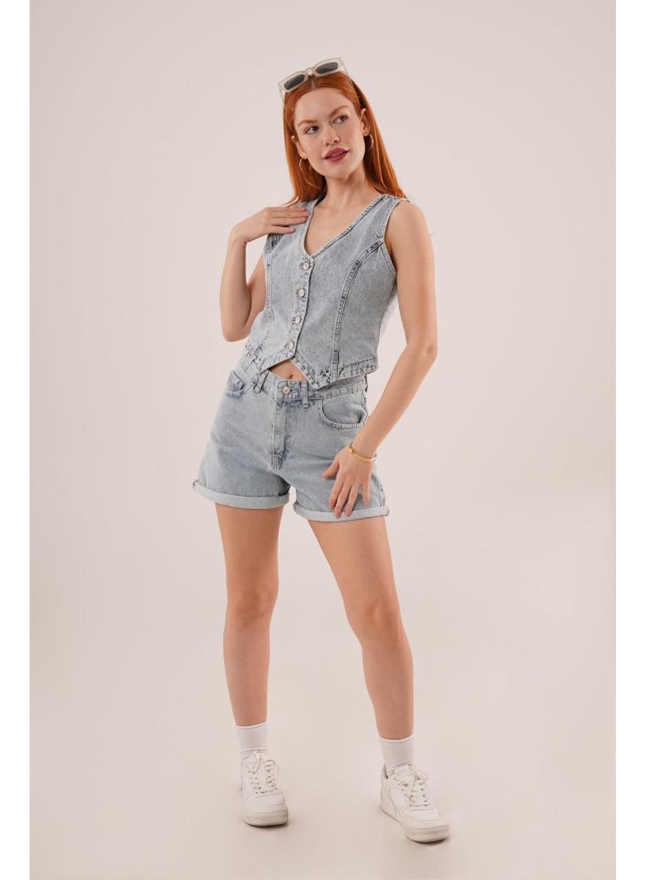 Düğme Ve Ön Dikiş Detaylı Mavi Jean Yelek