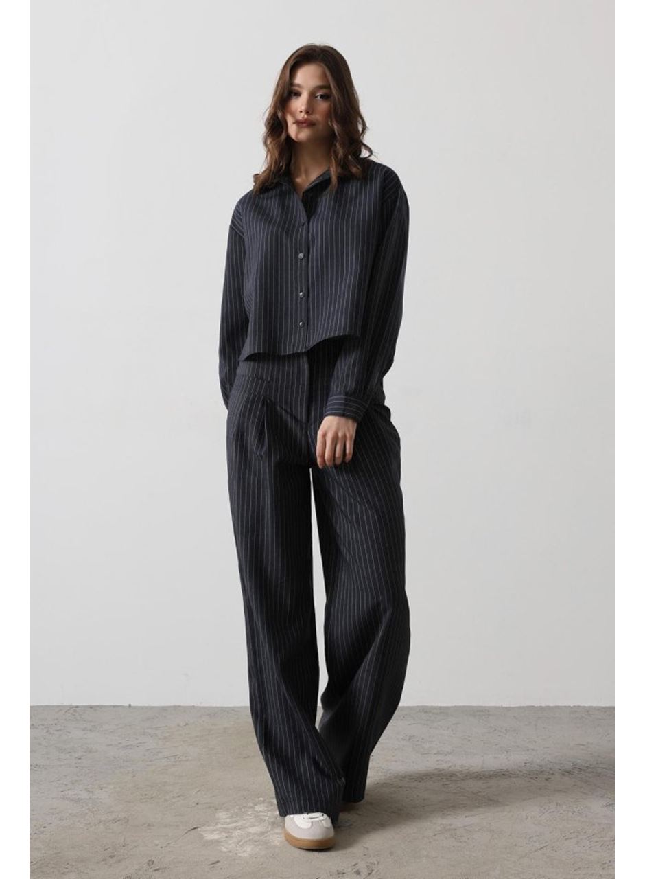 Çizgili Gömlek Pantolon Takım - Lacivert