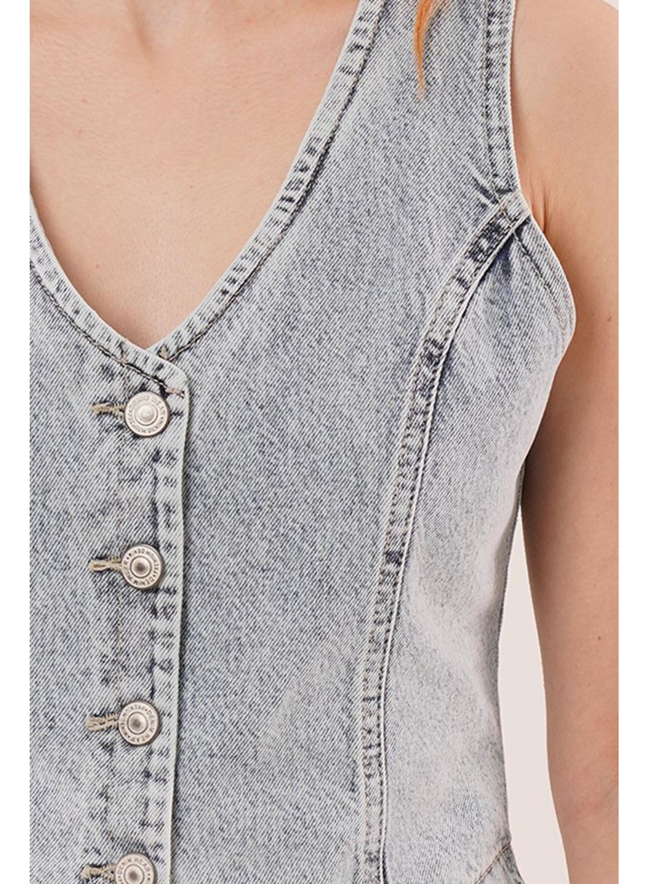 Düğme Ve Ön Dikiş Detaylı Mavi Jean Yelek