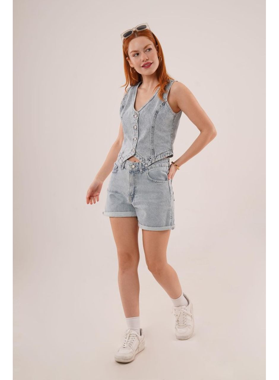 Düğme Ve Ön Dikiş Detaylı Mavi Jean Yelek