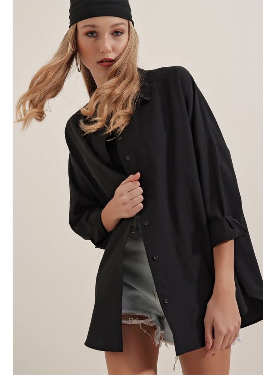 Siyah Oversize Uzun Basic Gömlek 3900