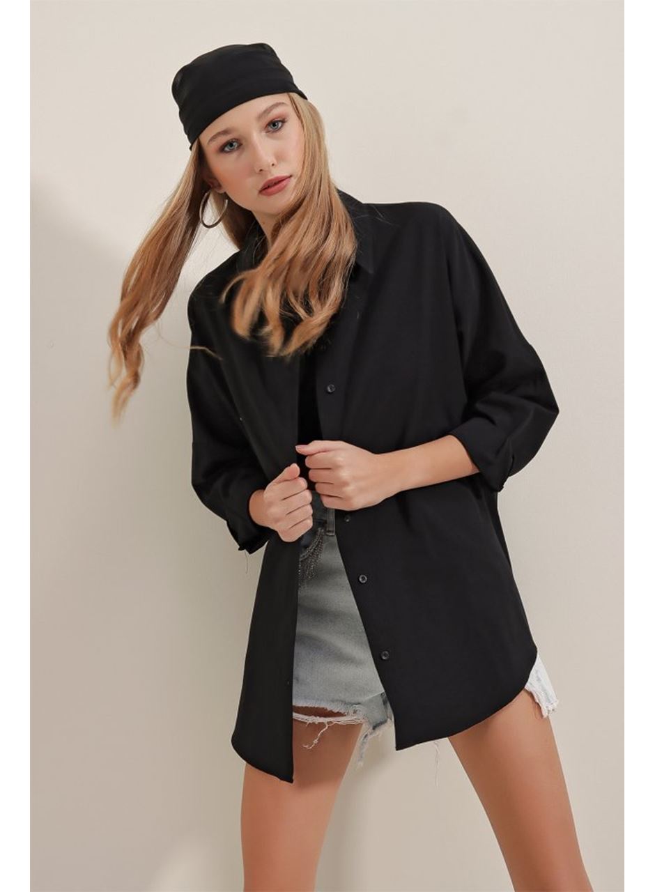 Siyah Oversize Uzun Basic Gömlek 3900