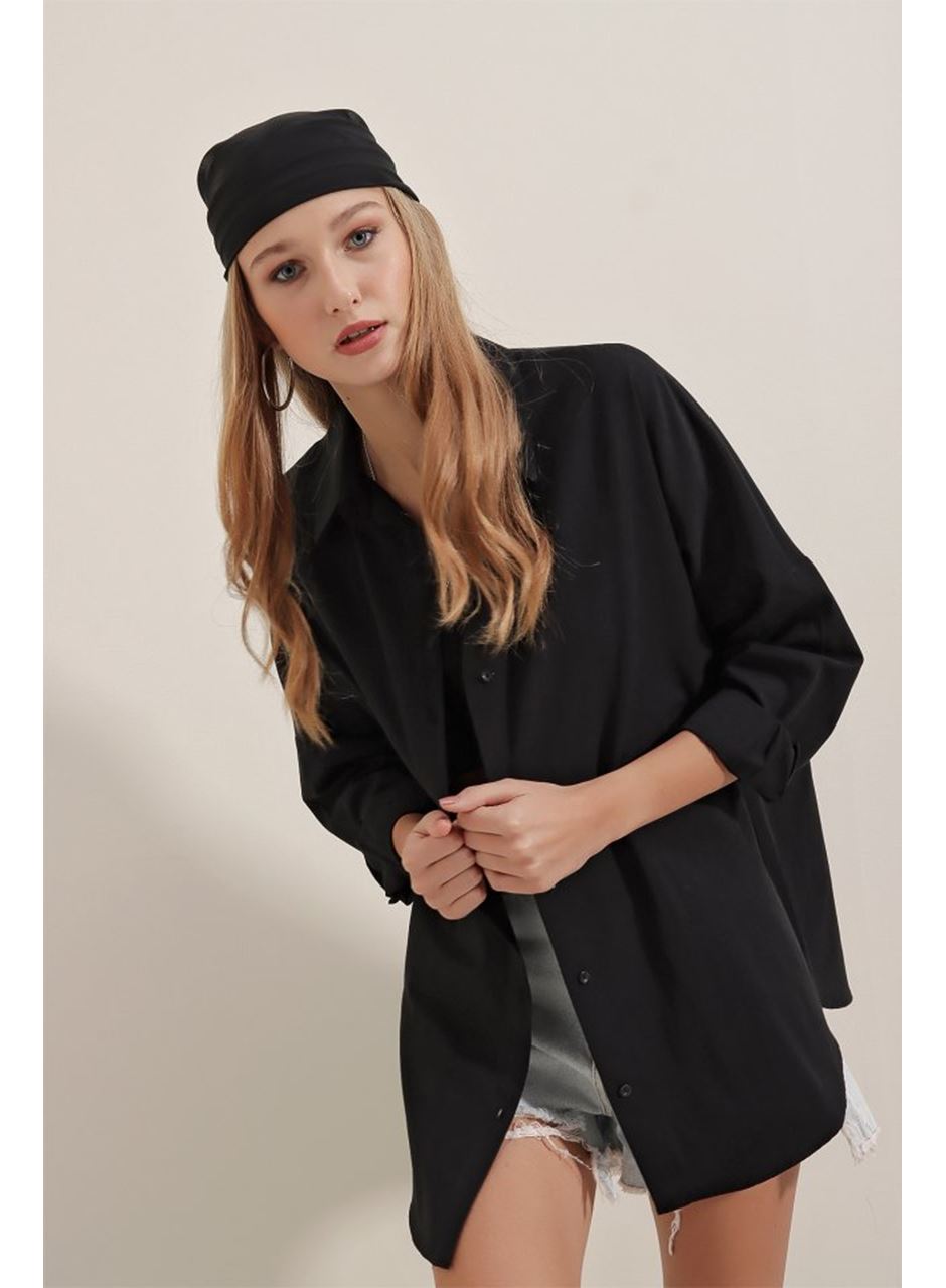 Siyah Oversize Uzun Basic Gömlek 3900