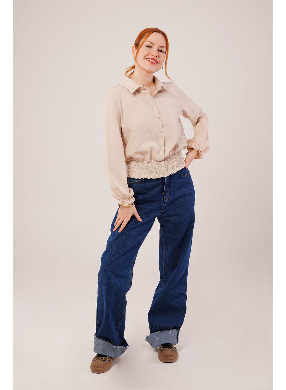 Bel Ve Bilek Lastikli Bej Bluz