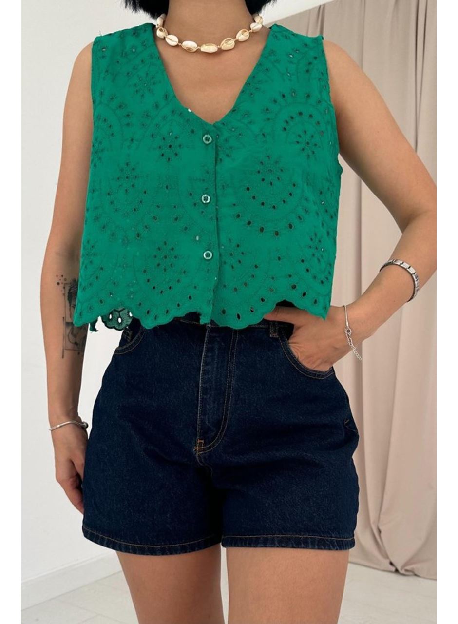 Yeşil Sıfır Kol Brode Bluz