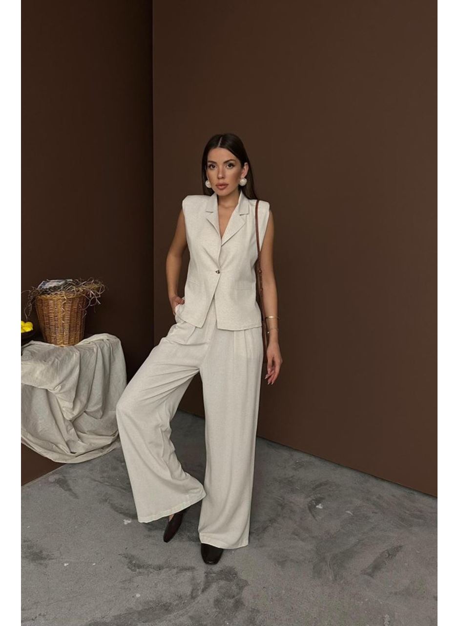 Bej Keten Yelek Pantolon Takım