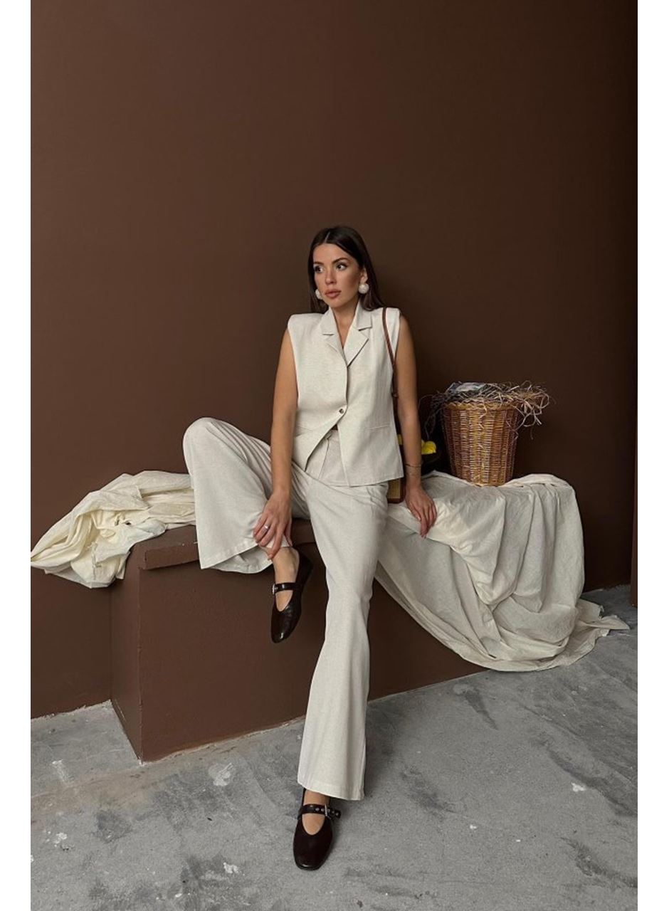 Bej Keten Yelek Pantolon Takım