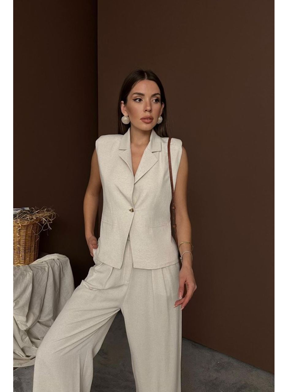 Bej Keten Yelek Pantolon Takım