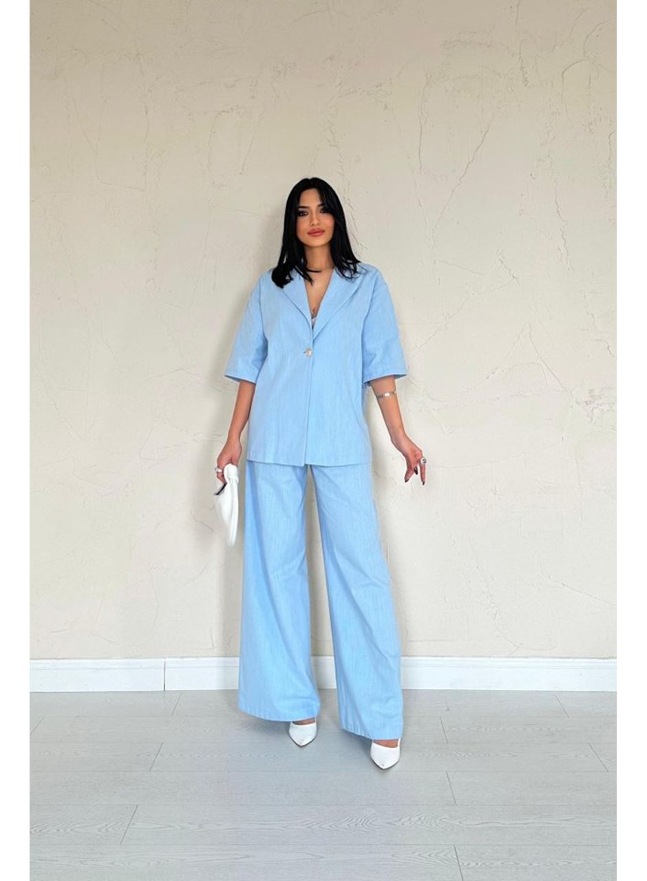 Mavi Önü Tek Düğmeli Ceket Pantolon Takım