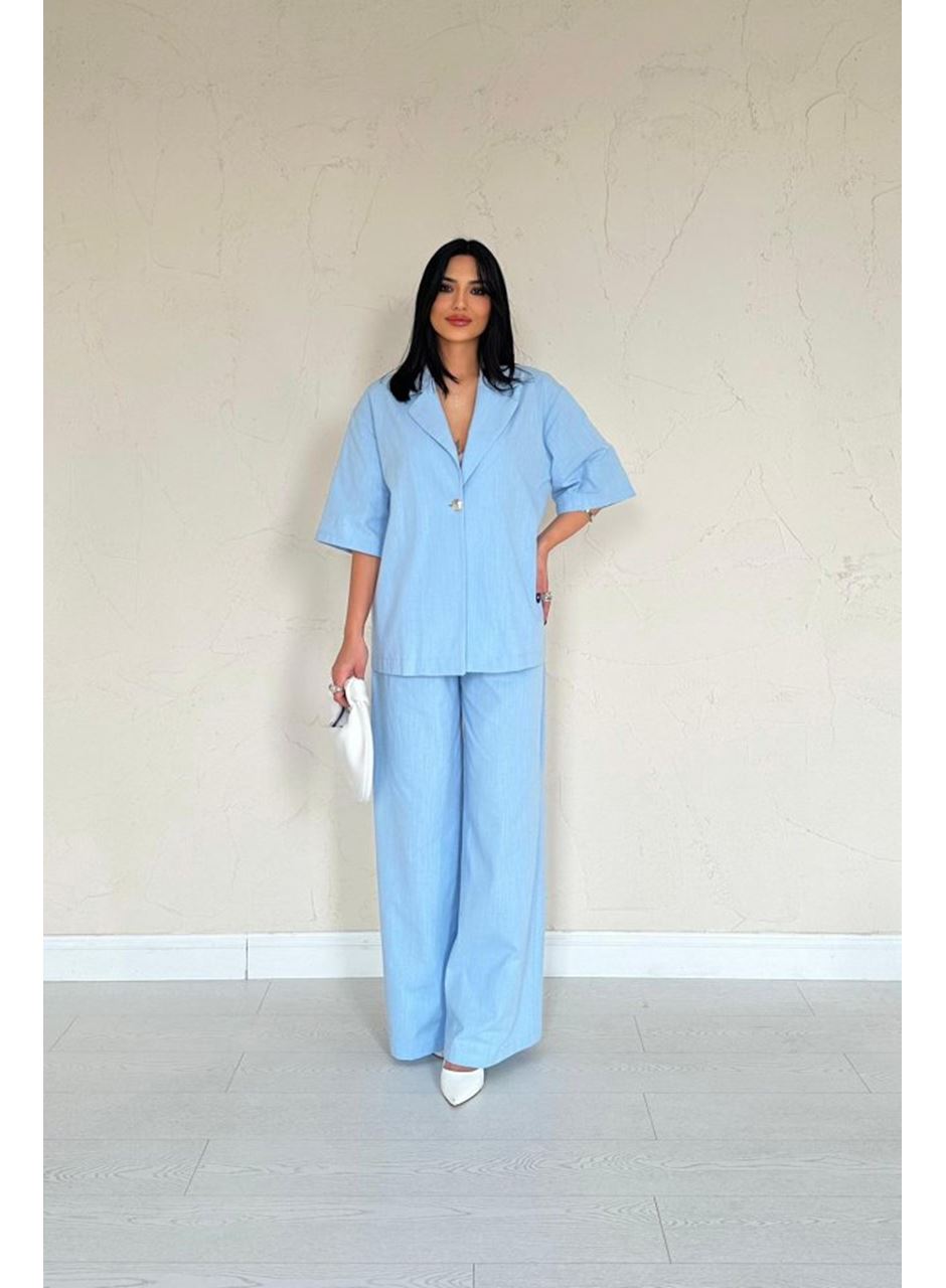 Mavi Önü Tek Düğmeli Ceket Pantolon Takım