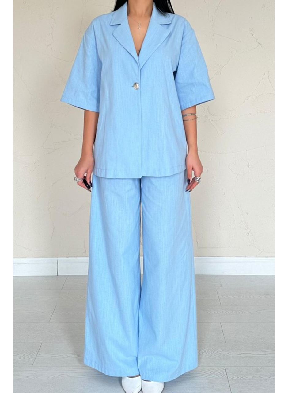 Mavi Önü Tek Düğmeli Ceket Pantolon Takım