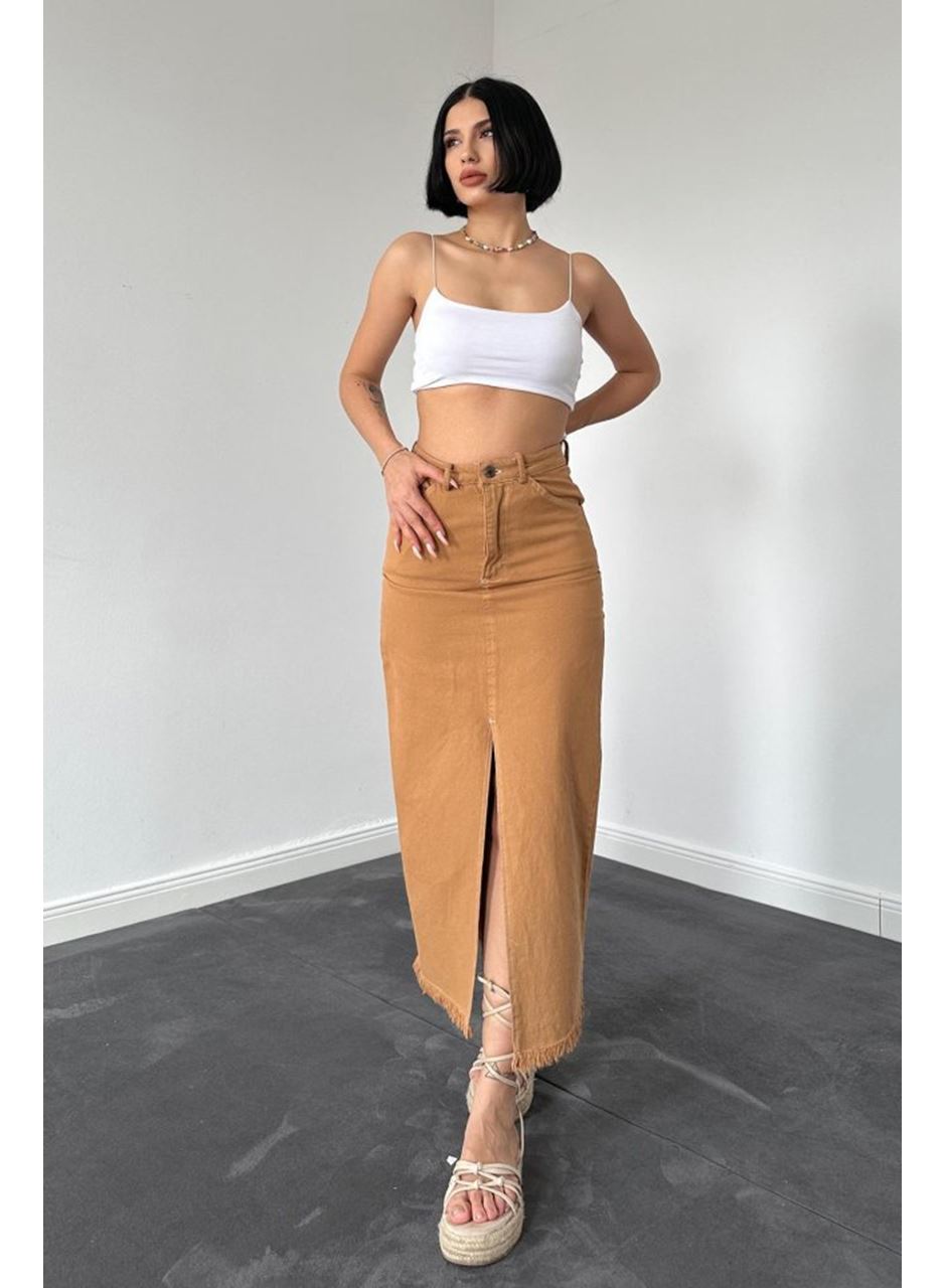 Camel Gabardin Boyamalı Püsküllü Etek