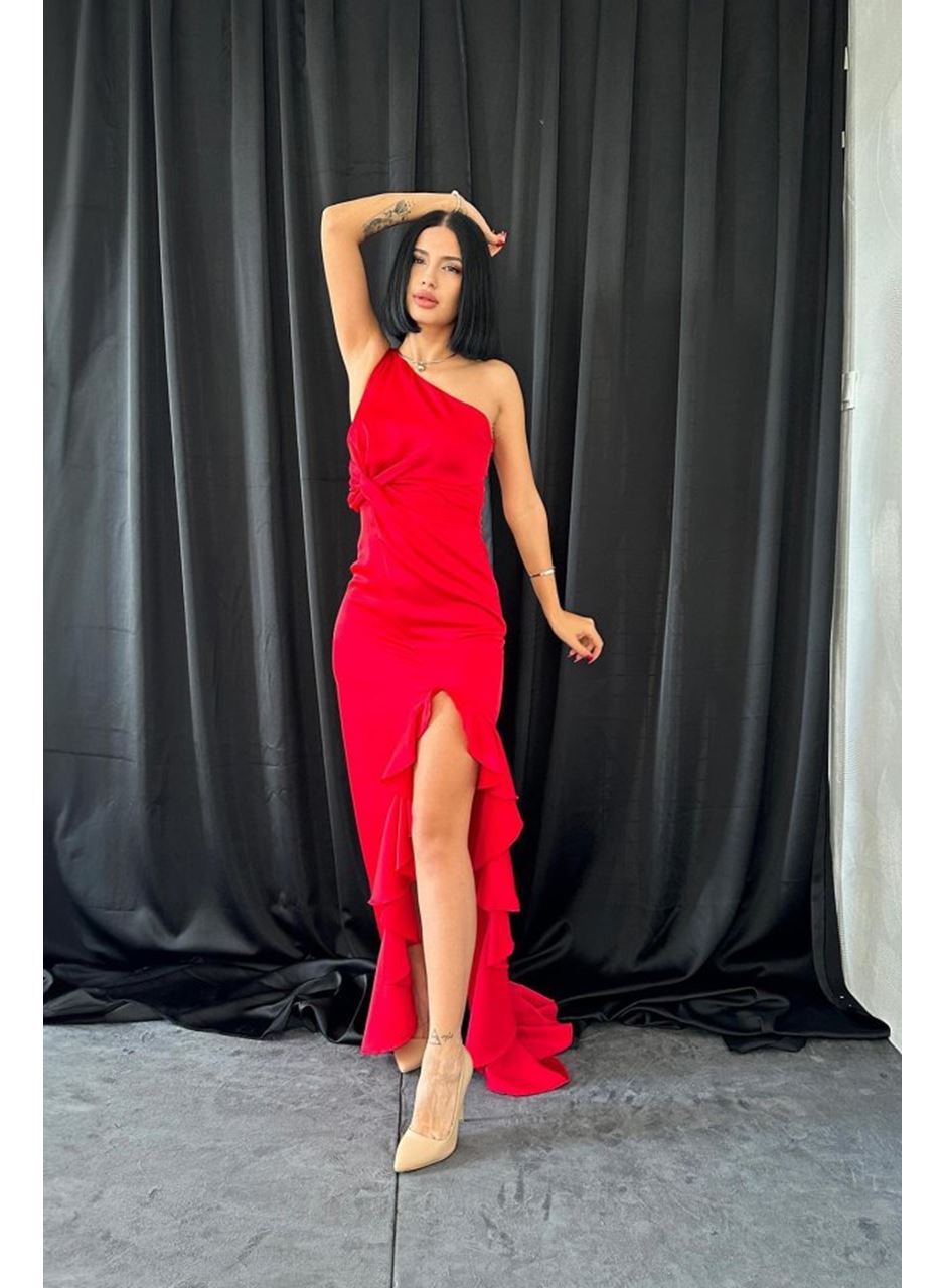 Kırmızı Volanlı Saten Abiye