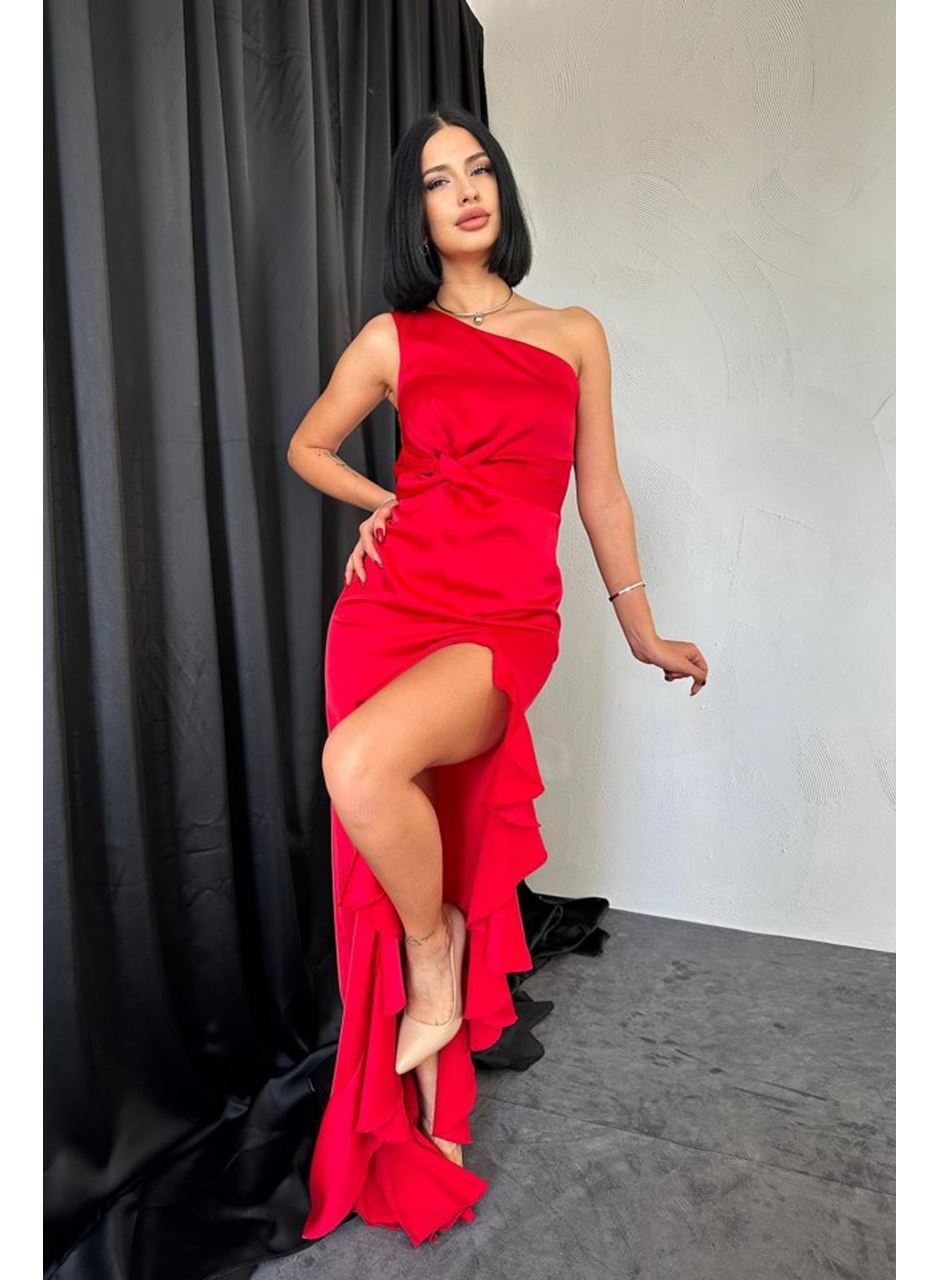 Kırmızı Volanlı Saten Abiye