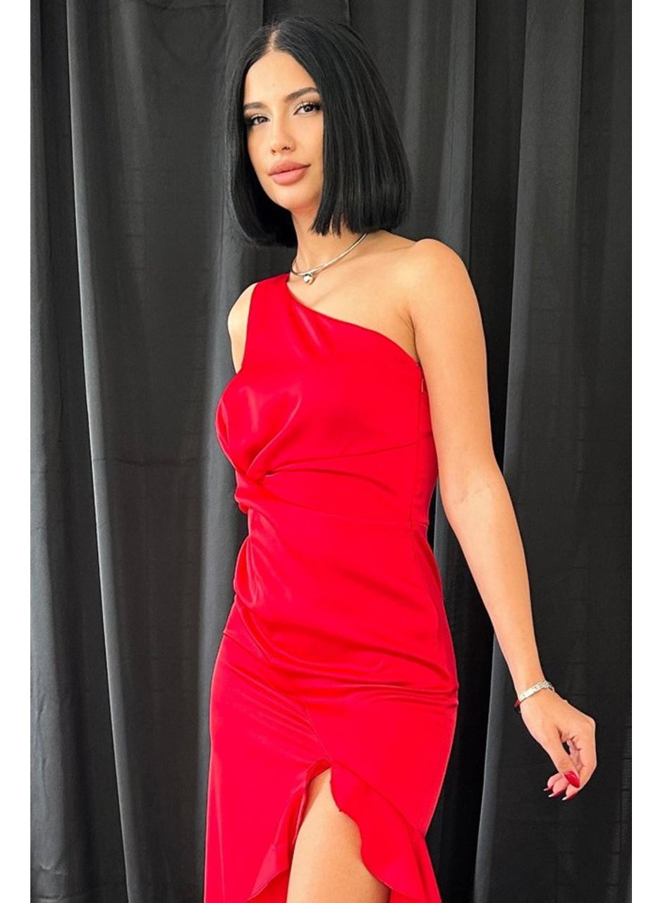 Kırmızı Volanlı Saten Abiye