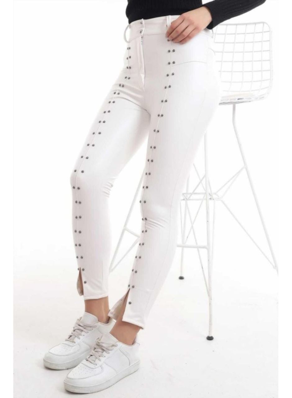 Beyaz Taş İşlemeli Deri Tayt