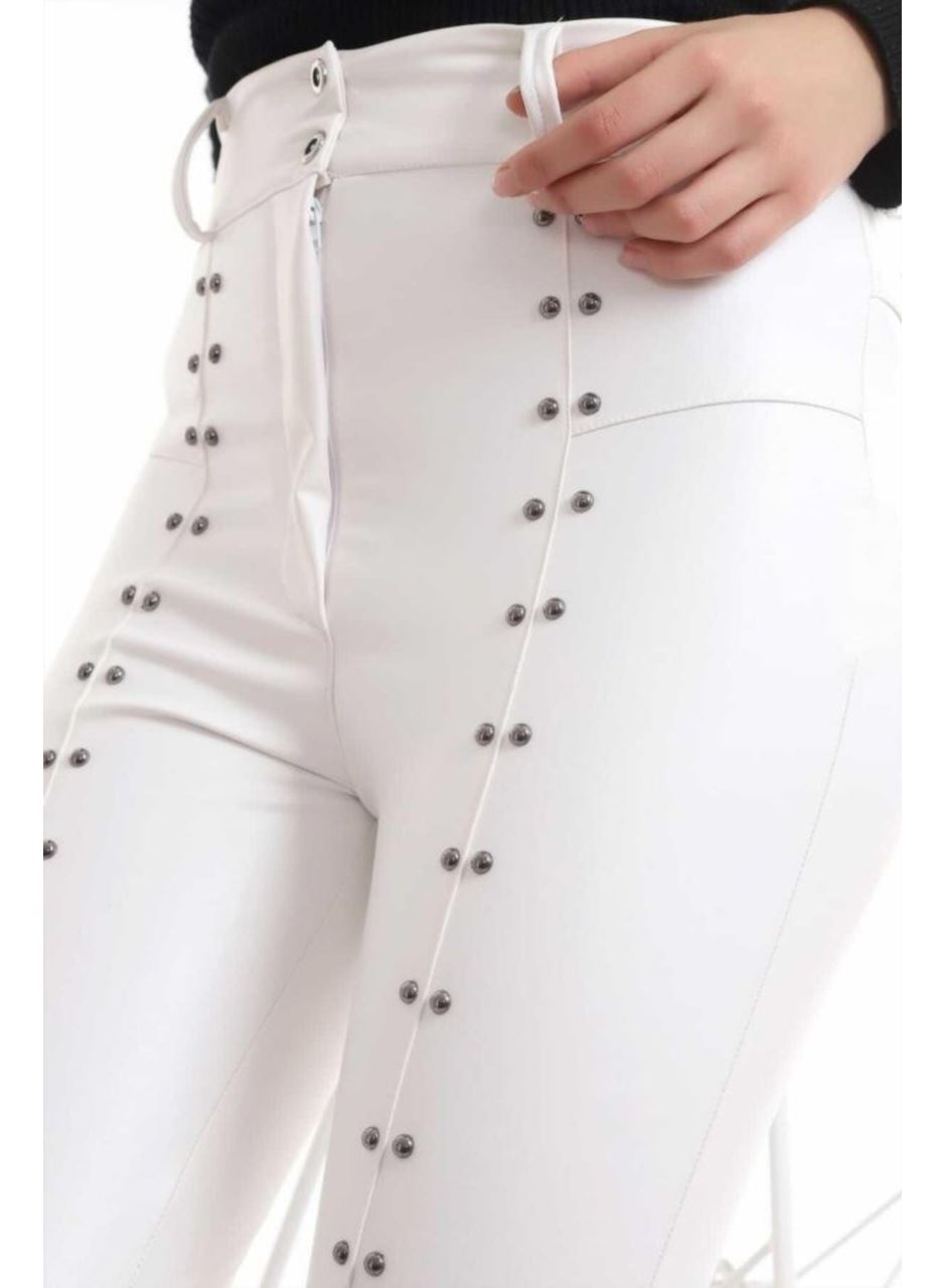 Beyaz Taş İşlemeli Deri Tayt