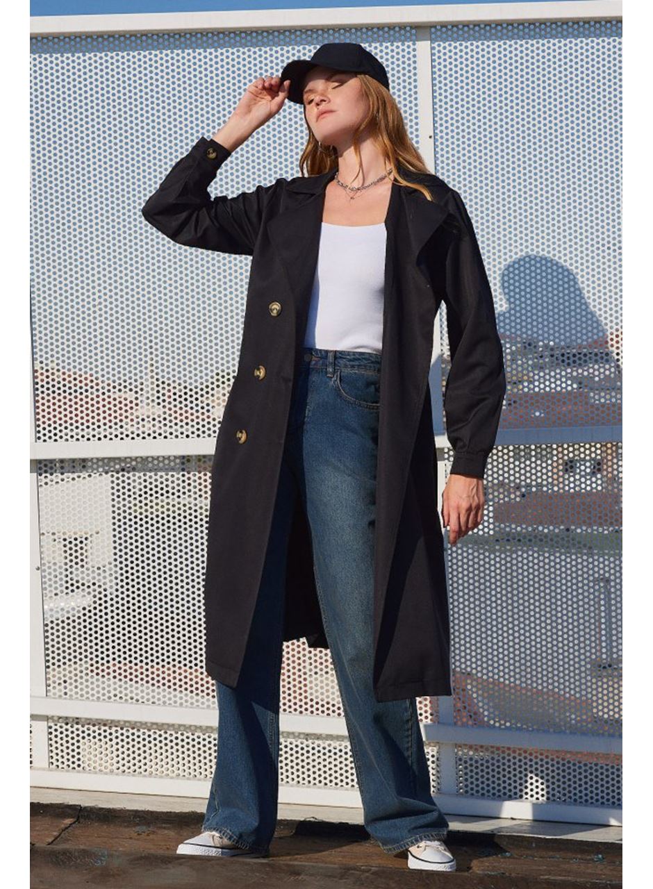 5853 Kruvaze Yaka Trençkot - Siyah