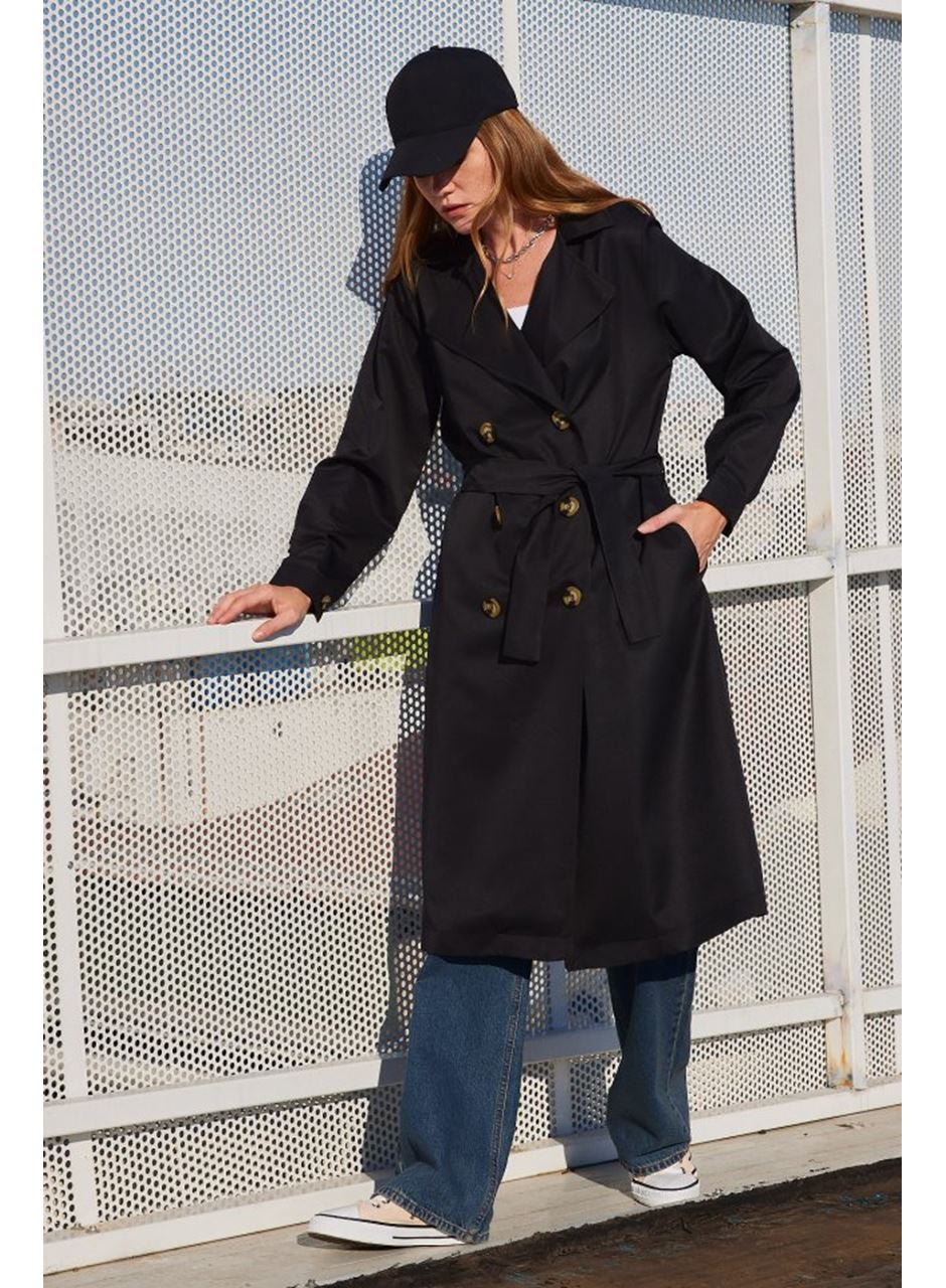 5853 Kruvaze Yaka Trençkot - Siyah