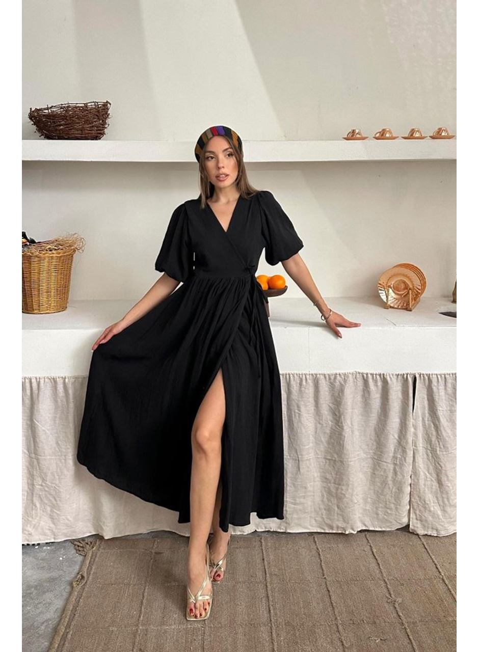 Siyah Müslin Uzun Elbise