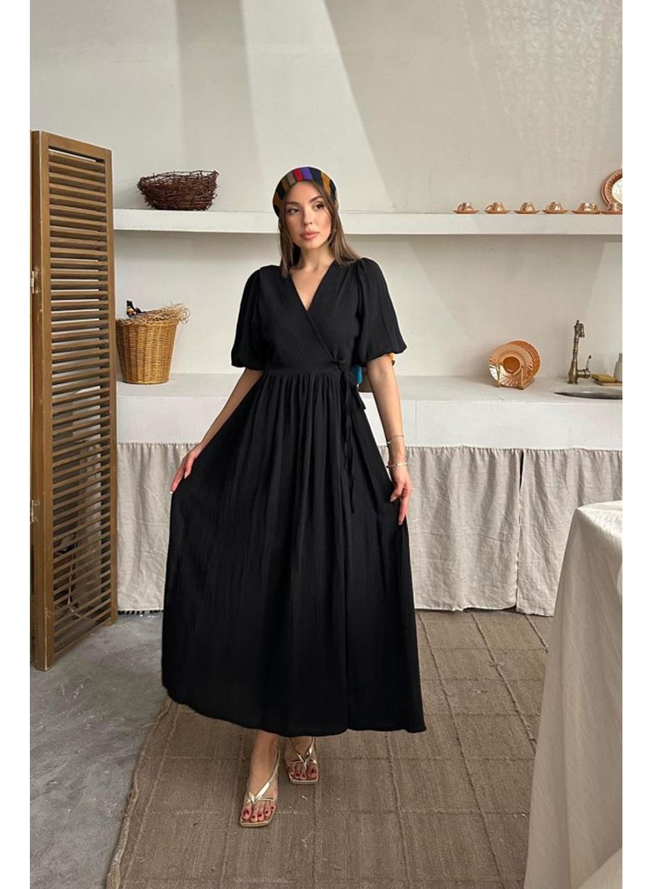 Siyah Müslin Uzun Elbise