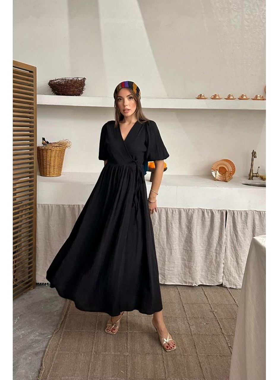 Siyah Müslin Uzun Elbise