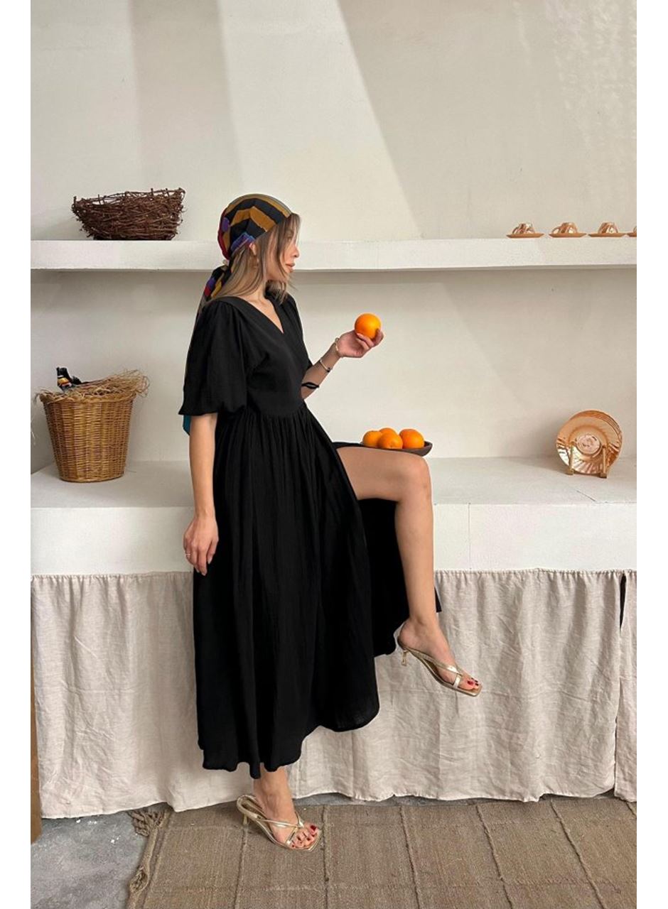 Siyah Müslin Uzun Elbise