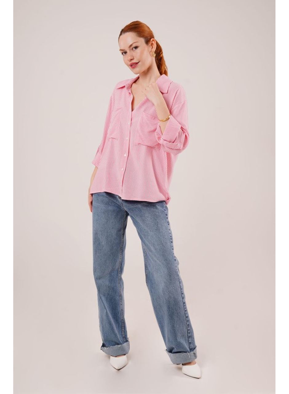 Yarasa Kol Çizgili Cep Detaylı Pembe Gömlek