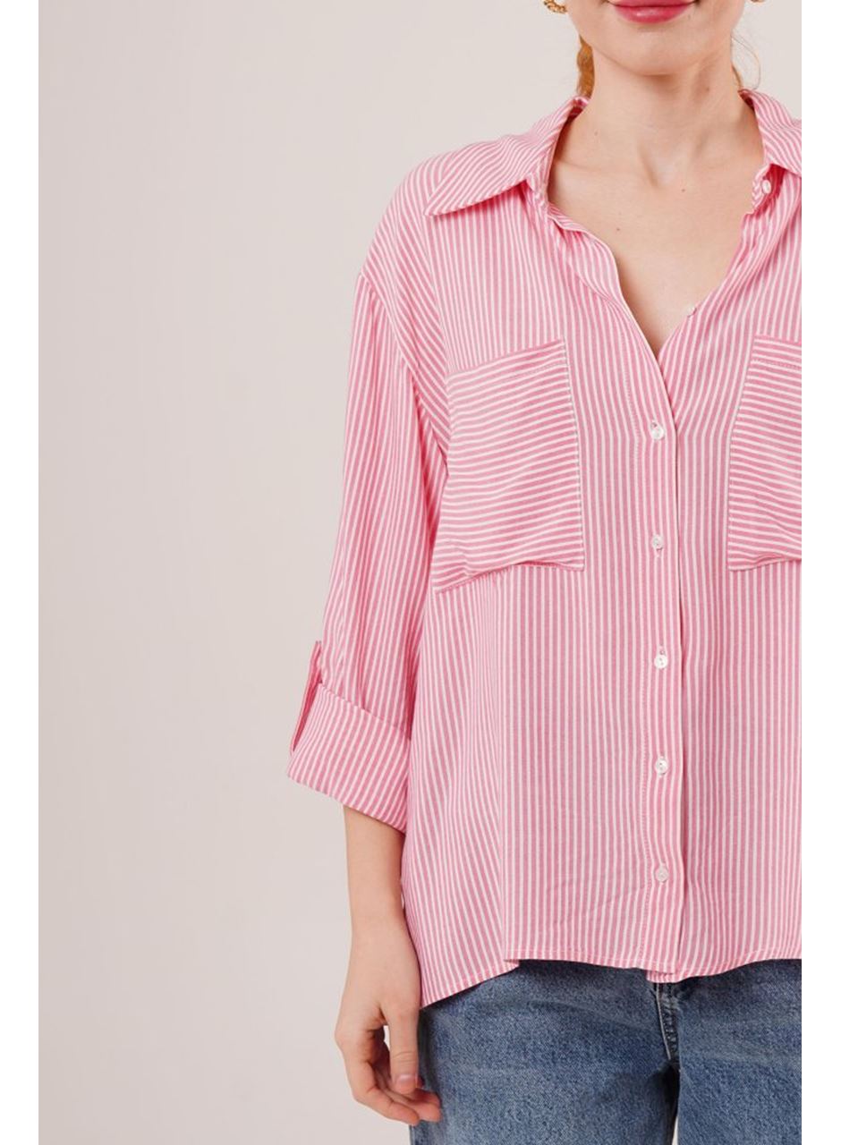 Yarasa Kol Çizgili Cep Detaylı Pembe Gömlek