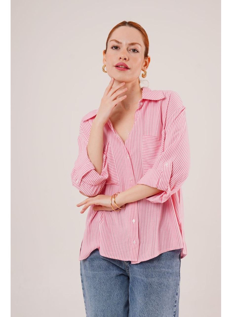 Yarasa Kol Çizgili Cep Detaylı Pembe Gömlek