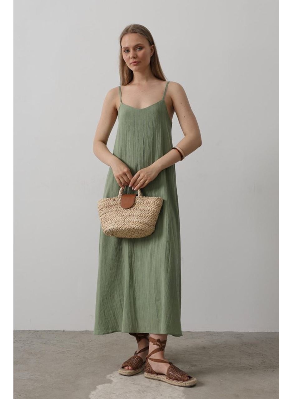 Askılı Uzun Çan Elbise - Haki