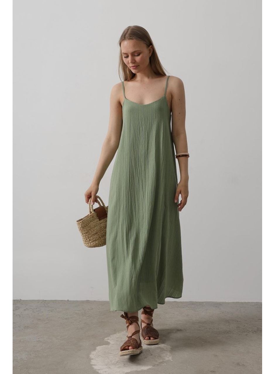 Askılı Uzun Çan Elbise - Haki