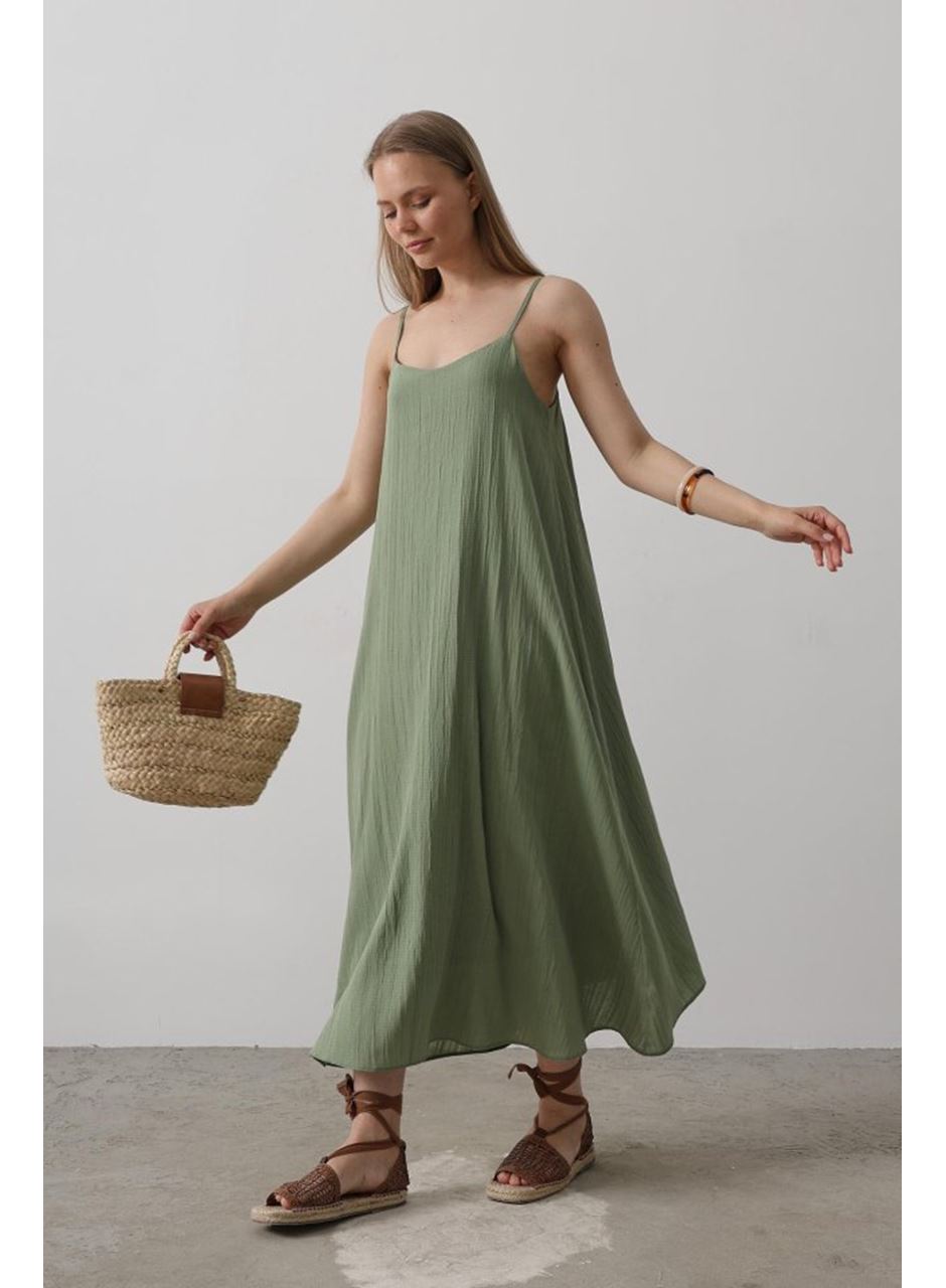 Askılı Uzun Çan Elbise - Haki