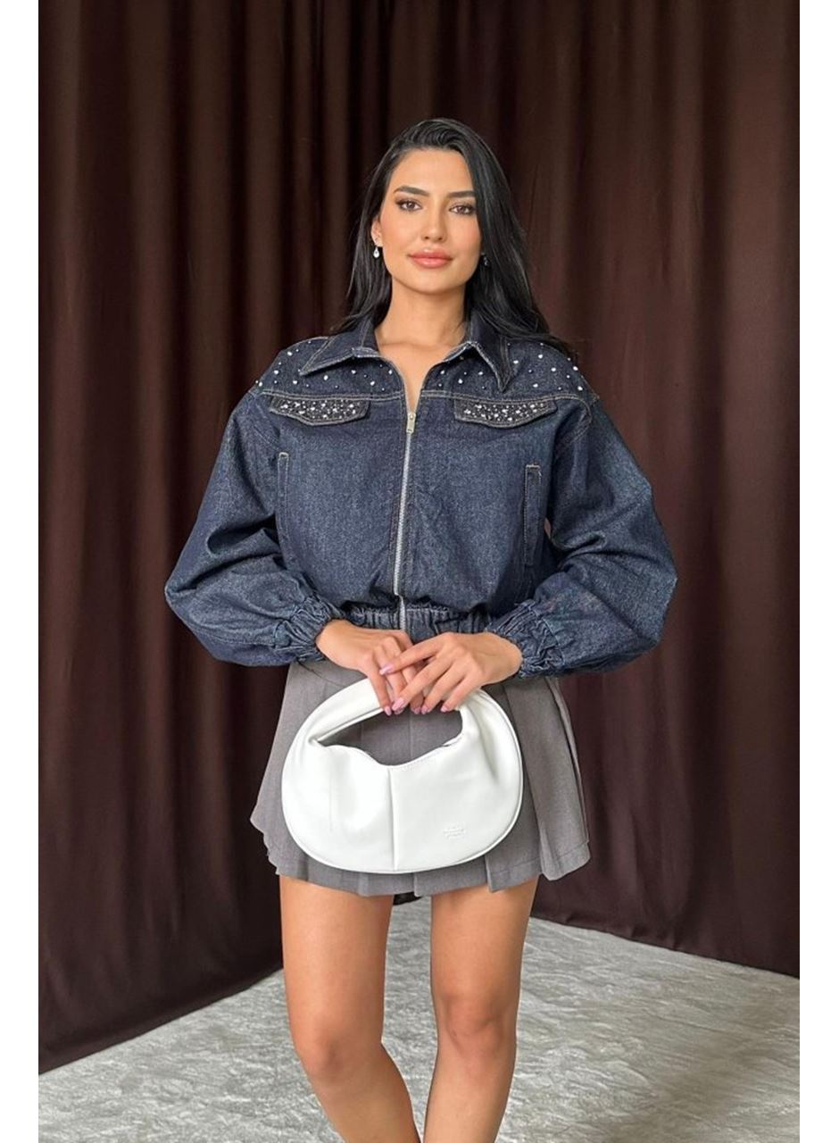 Mavi Taşlı Kısa Kot Ceket
