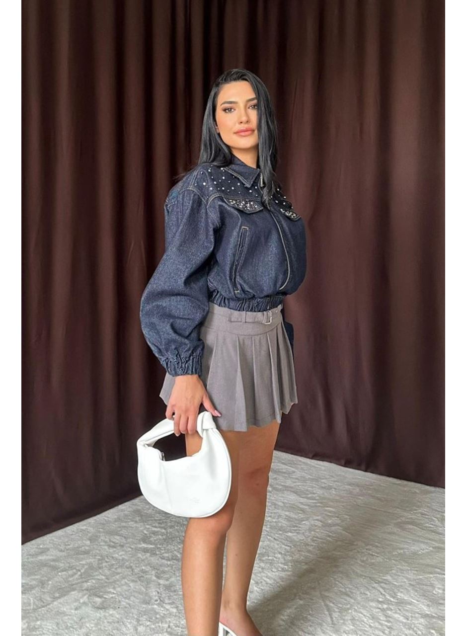 Mavi Taşlı Kısa Kot Ceket