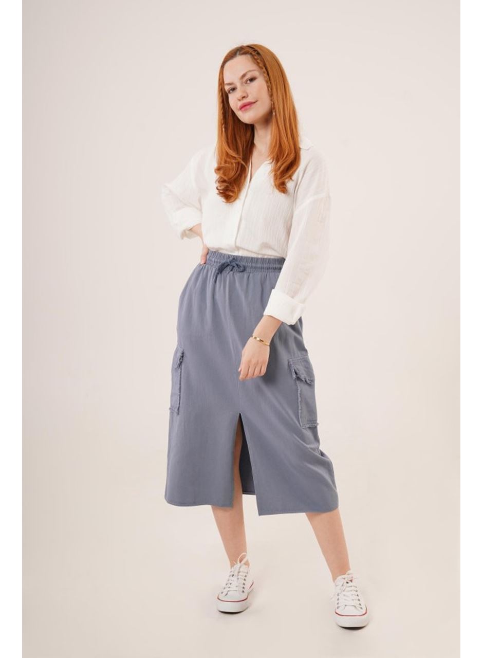 Ön Yırtmaçlı Cep Detaylı İndigo Etek