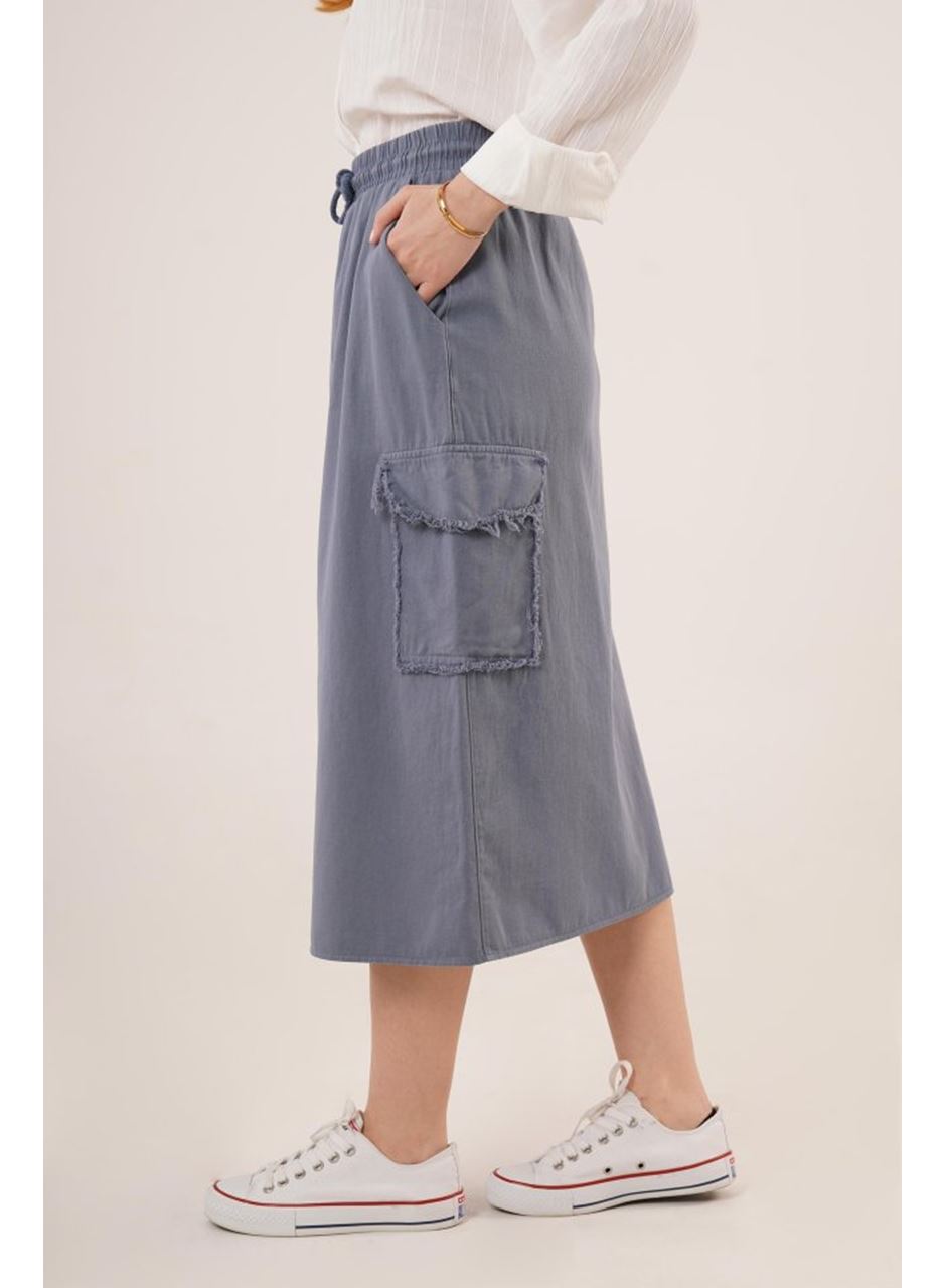 Ön Yırtmaçlı Cep Detaylı İndigo Etek