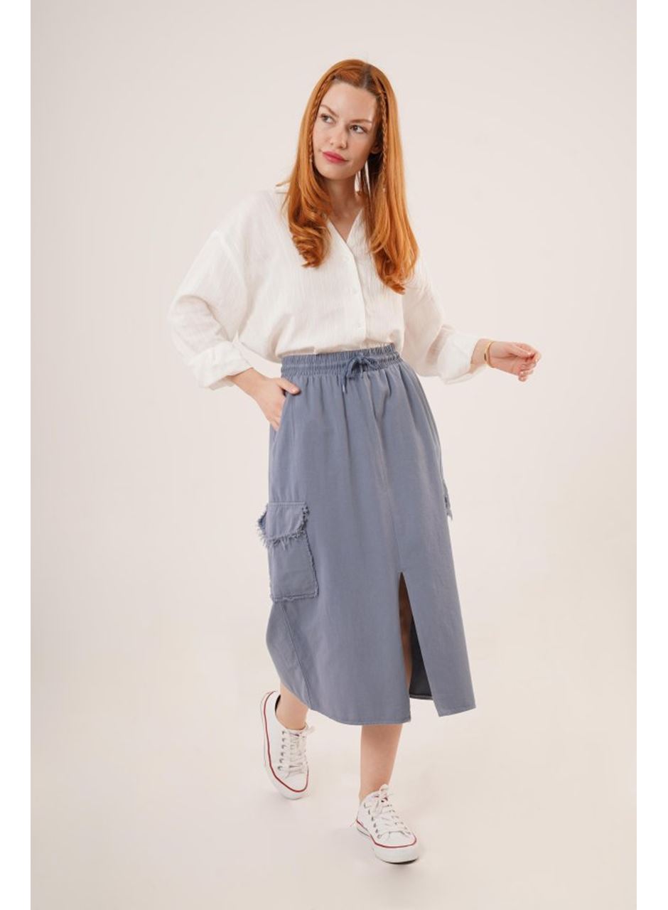 Ön Yırtmaçlı Cep Detaylı İndigo Etek