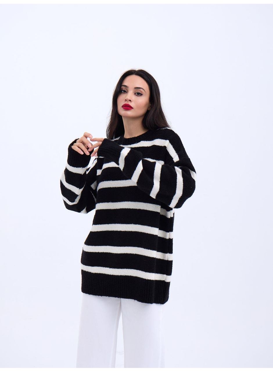 43111 TRİKO ÇİZGİLİ SALAŞ KAZAK-SİYAH-EKRU