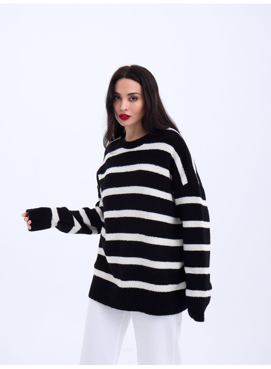 43111 TRİKO ÇİZGİLİ SALAŞ KAZAK-SİYAH-EKRU