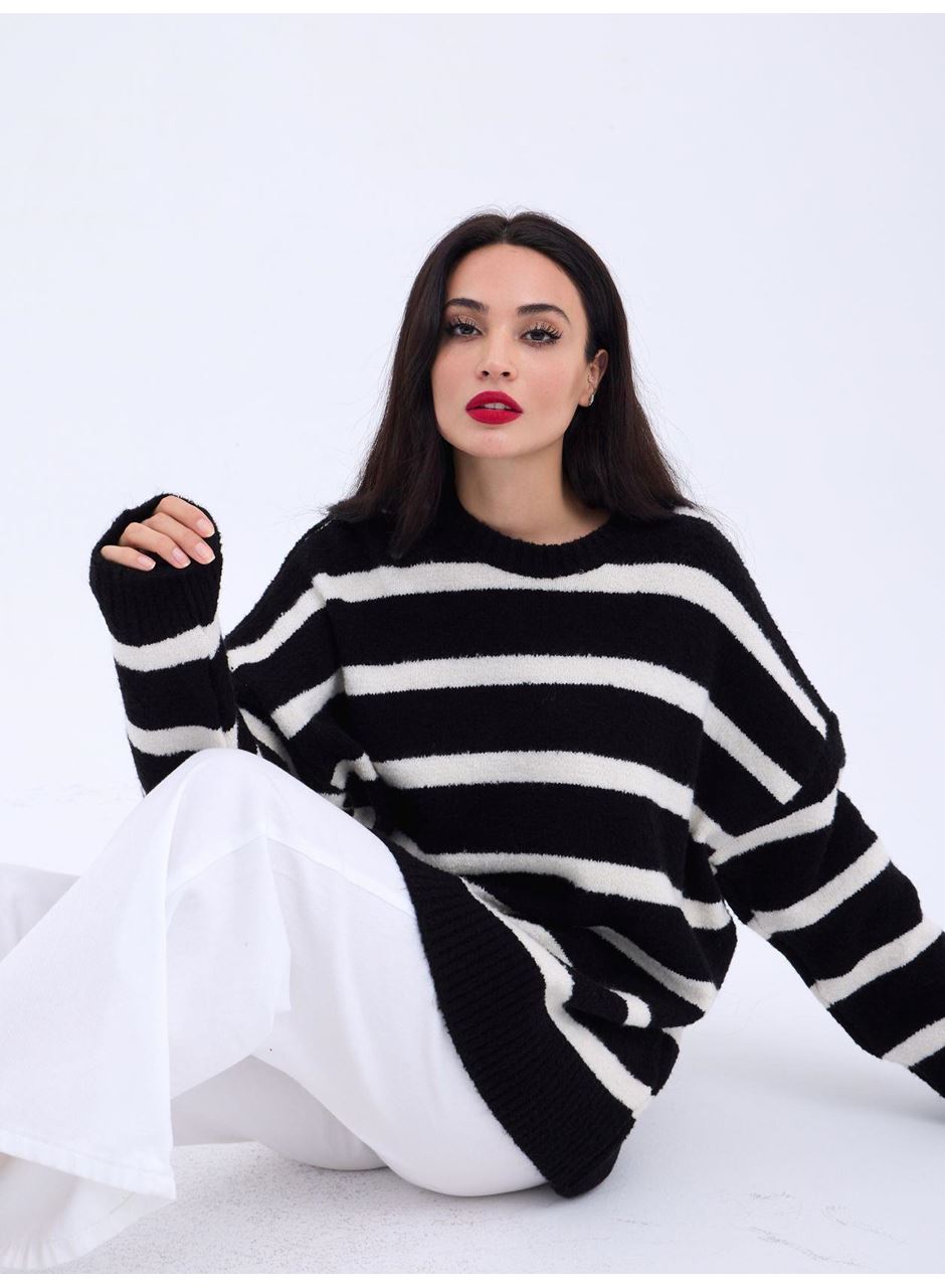 43111 TRİKO ÇİZGİLİ SALAŞ KAZAK-SİYAH-EKRU
