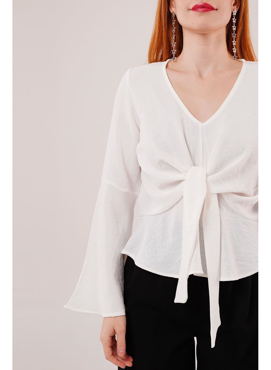 Ön Bağlamalı Volan Kol Beyaz Bluz