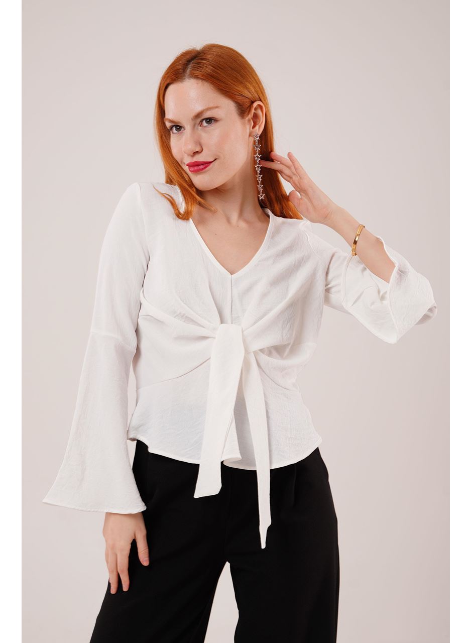Ön Bağlamalı Volan Kol Beyaz Bluz